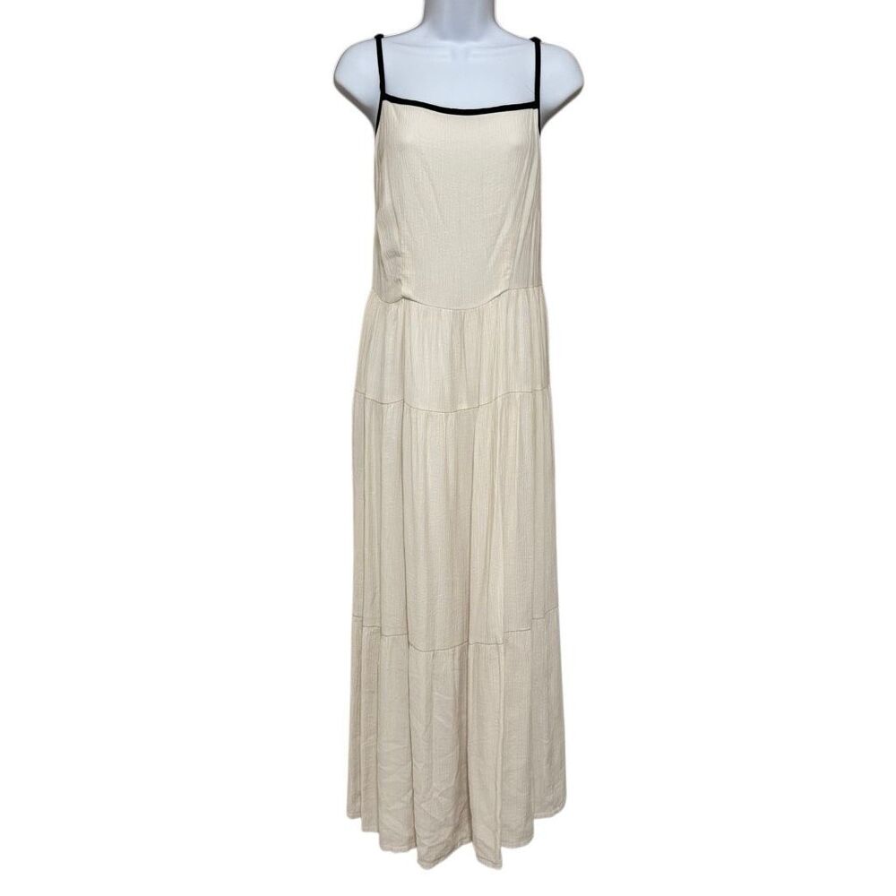 A New Day Cream Tiered Maxi Dress XXL Contrast Trim Adjustable Strap Boho